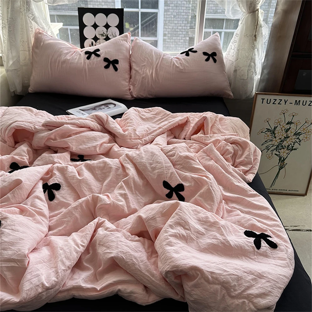 Skin Friendly Summer Quilt Water Washed Cotton Bow Towel Embroidered Blanket Cool Quilt Air Conditioning Quilts Machine Washed