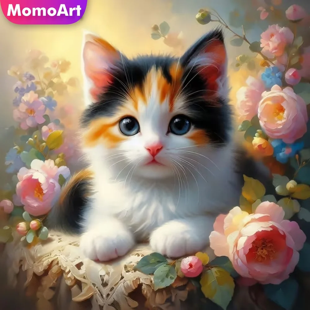 Momoart Diamantmalerei, Katzen-Tiermuster für Erwachsene, Anfänger, Diamantmosaik, Blume, DIY, volle quadratische und runde Stickerei, Wandkunst