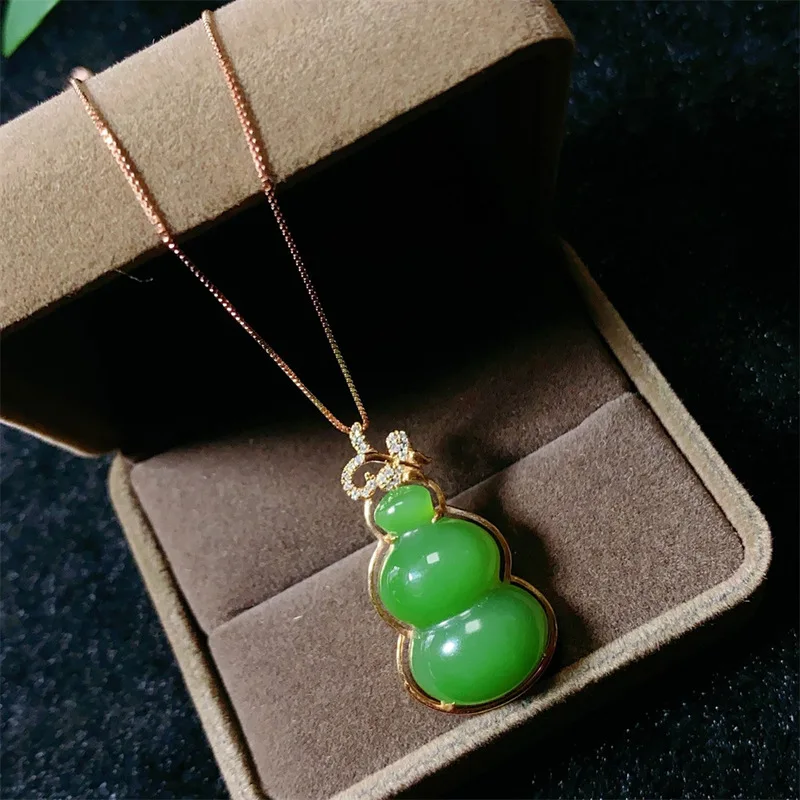 18K Gold With Inlay And Hetian Necklace, Bright Green Jade Gourd Pendant