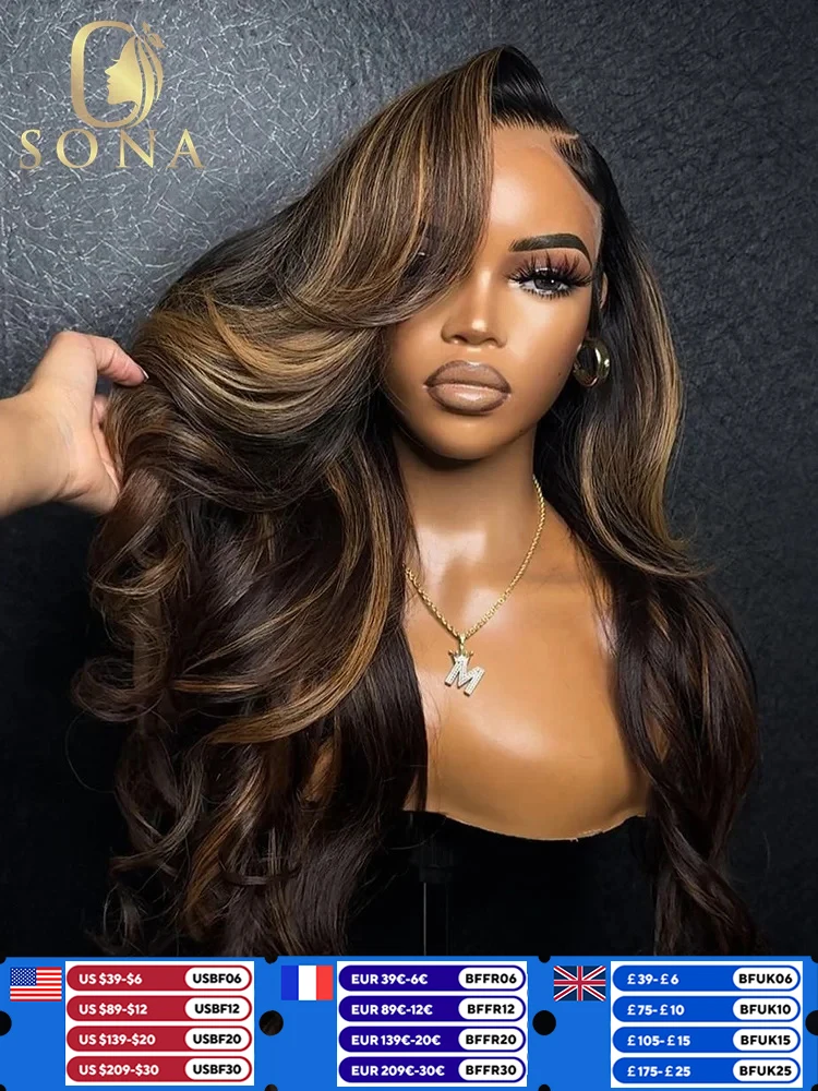 1B/27 HD Transparent 13x4 13x6 Lace Frontal Body Wave Human Hair Wigs Brown Stripe Highlights Honey Blonde Pre Plucked For Women