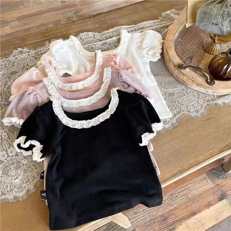 2026 New Summer Girls Sweet and Versatile Stylish Lace Collar T-Shirt Knitted Hollow Baby Girl Puff Short Sleeve Top