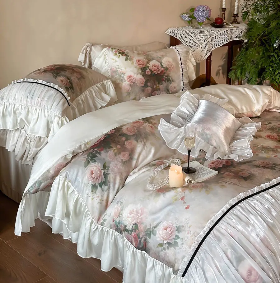 Elegant fairyfair flower green pink bedding set,full queen king vintage ruffle home textile bed sheet pillow case duvet cover