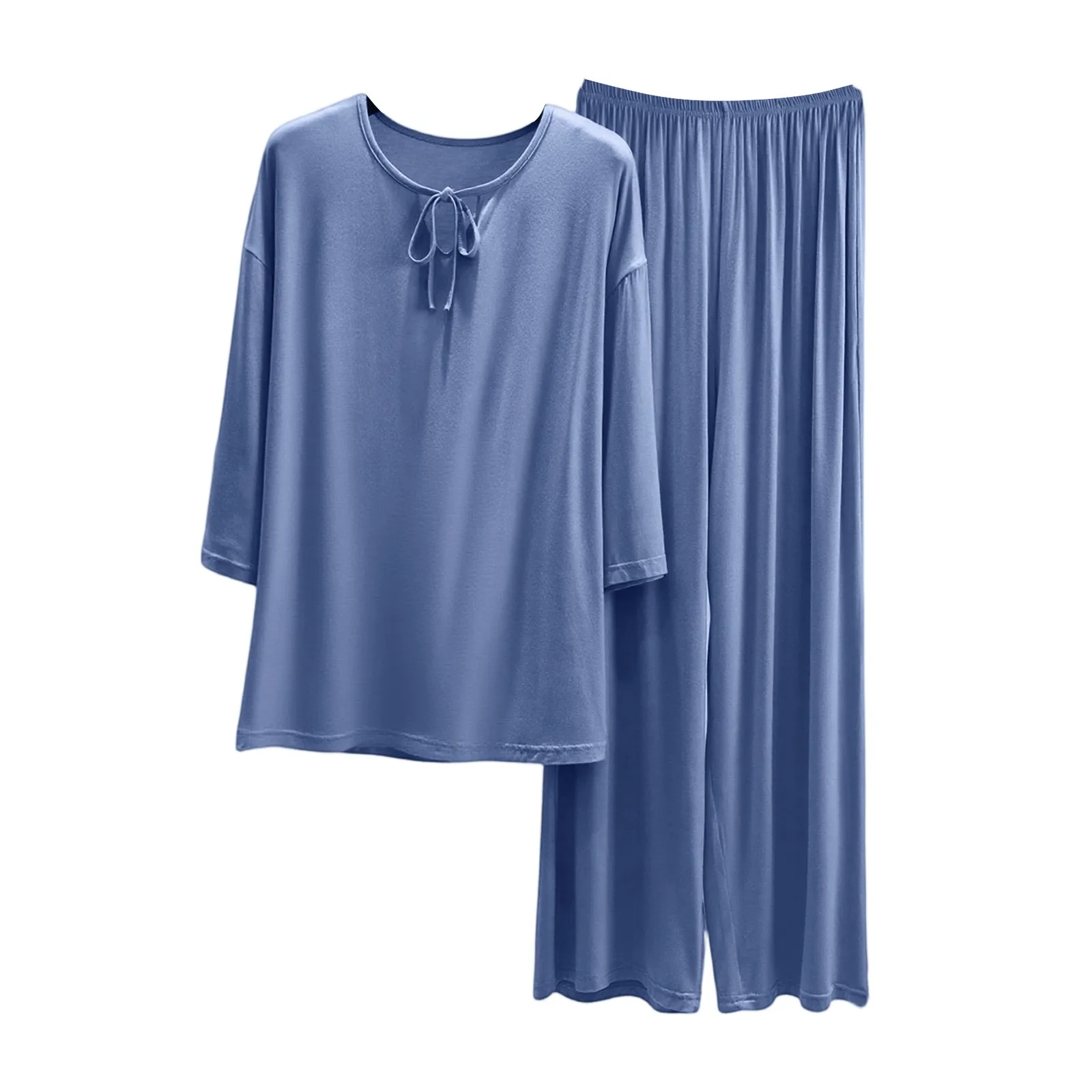 

Solid Color Loose And Comfortable Three Quarter Sleeved T-shirt and Straight Leg Pants Pajamas Set for Female Soft Casual Outfit