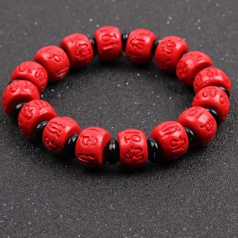 Chinese Cinnabar Six Character Truth 13*9MM Beads Red Organic Elastic Bracelet Fashion Handmade Man woman Luck Amulet Gifts