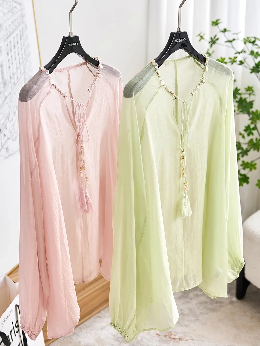 

Женская рубашка в французском стиле свободного кроя с длинным рукавом, защитой от солнца, из смесового лиоцелла и льна, для отпуска, с завязками на талии, фасон «фонарик»