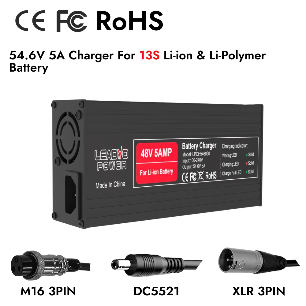 

54.6V 5A Charger Lithium Battery for 48V 13S li-io Ebike with DC2.1 XLR-3PIN M16 plug Aluminum Shell 48V Smart Fast Charger