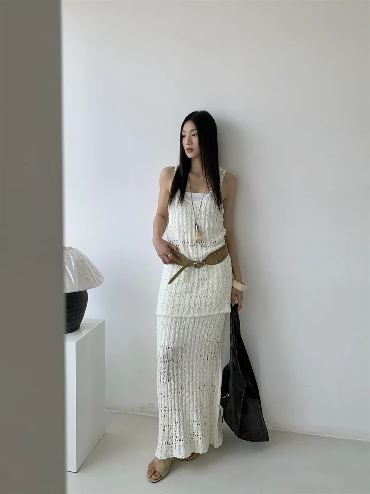 

Вязаная юбка миди Ele с вырезами для женщин, весна-лето, новая модель, с высокой талией, прямого кроя, стройнящая, длинная юбка