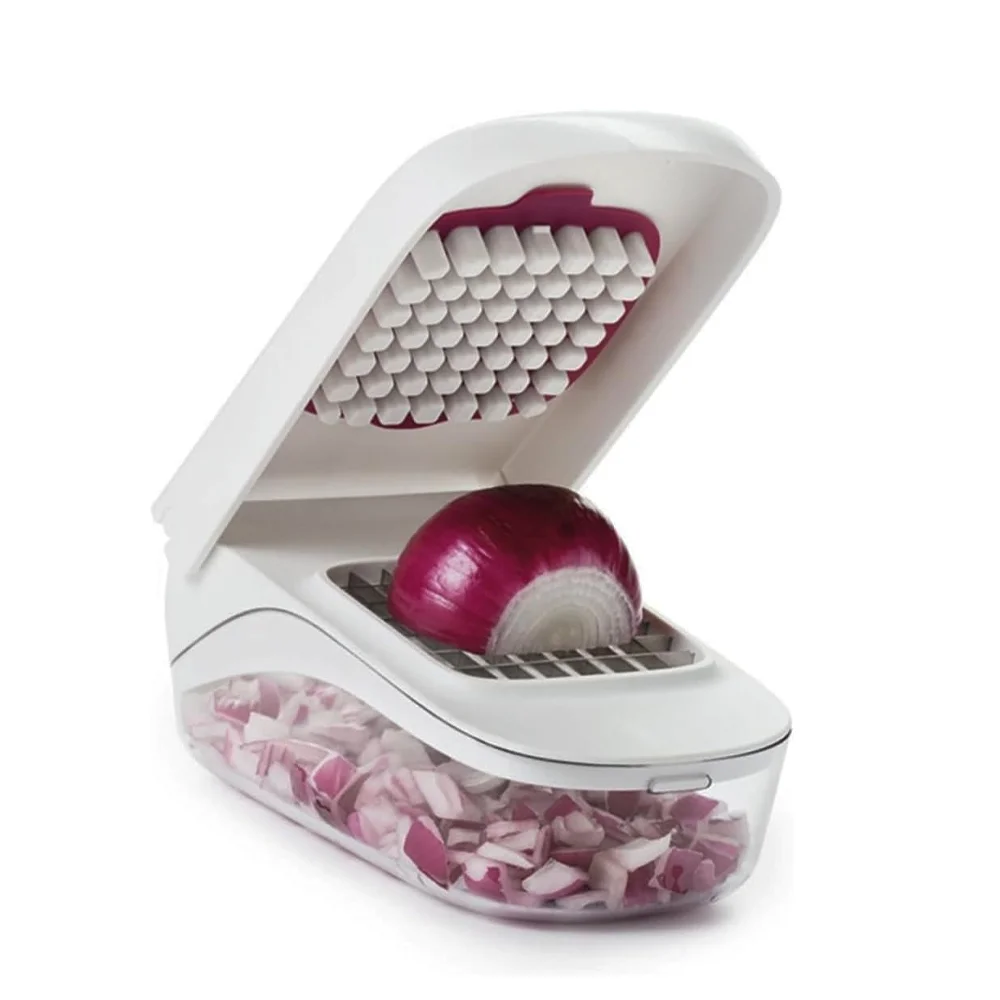 

Vegetable Chopper with Storage Container Onion Fruit Dicer Chopper Easy Pour Opening Stainless Steel Blades Kitchen Accessories