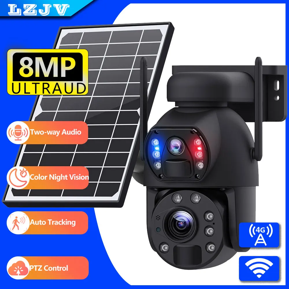 

LZJV 4K 8MP Solar Powered Camera 10X Optical Zoom 4G Outdoor SIM Card Cam PIR Dection Dual Screen Color Night Vision WIFI Cam