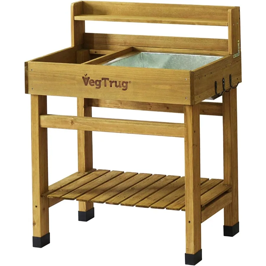 Deluxe Cedar Potting Bench, Natural - Outdoor Gardening Workstation with Removable Metal Tray, Built-in Shelves Storage for Rep