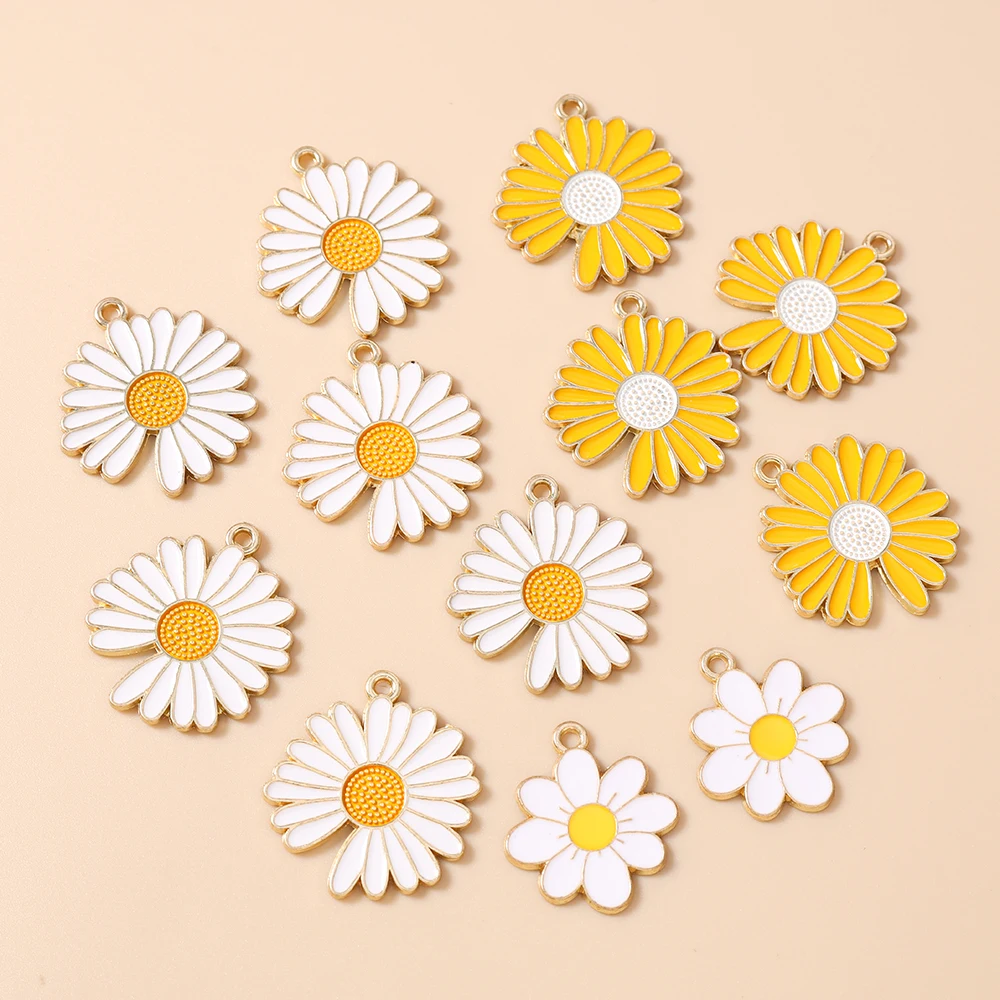 Leslie 10pc Enamel White Yellow Daisy Flower Pendants for Making Necklace Earrings Bracelets Charms DIY Jewelry Accessories