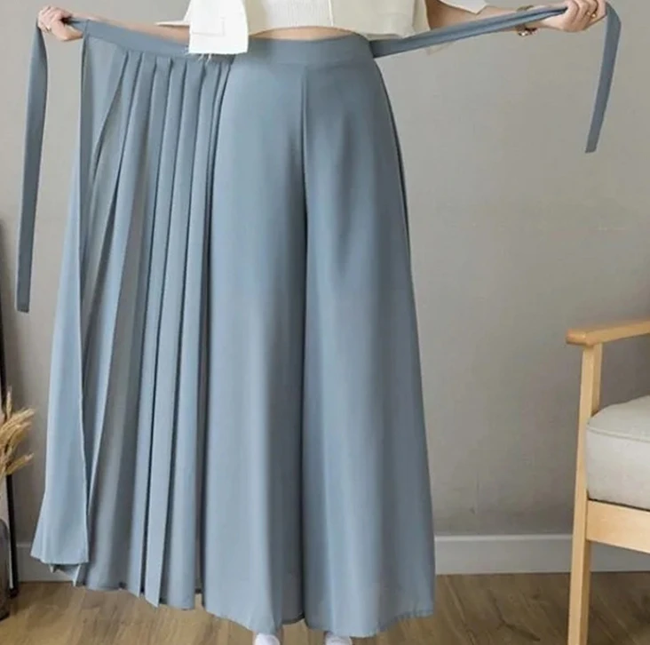 

Spring Summer New Style Korean Women Pleated Chiffon Trousers High Waist Pants Hakama Casual Wide Leg Pantalones Z259