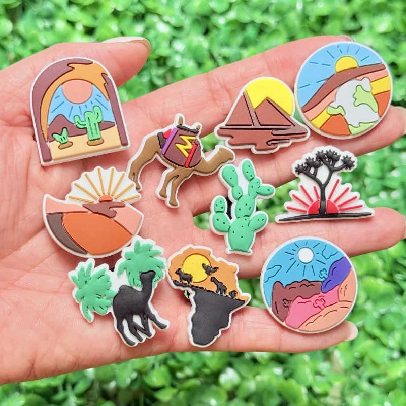 Hot Sales 1-20pcs Mix Desert Scenery PVC Shoes Charms Sun Cactus Camel Clog Ornaments For Adult Holiday Present