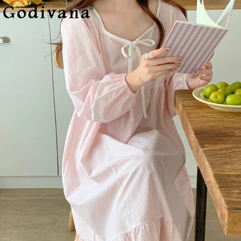

Spring Simple Striped Nightdress for Women Japanese Style High End Nightgowns Female Color Blocking Comfortable Home Sleepwear