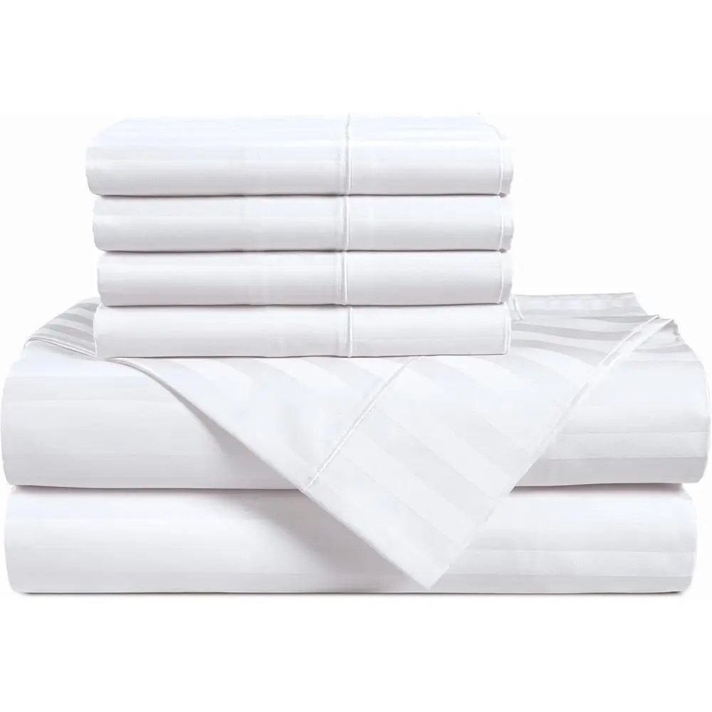 

Ultra-Soft 100% Egyptian Cotton King Size Sheet Set - 6-Piece Damask Stripe Design with 15 Deep Pockets - White