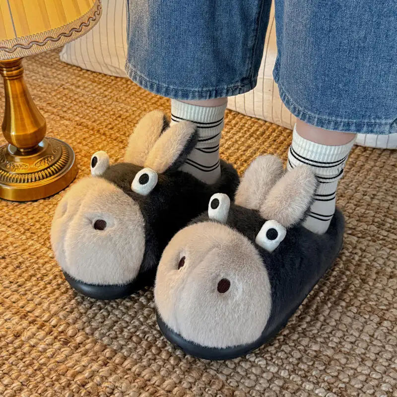 ليتل حمار الكرتون أفخم نعال من القطن الإناث الشتاء لطيف زوجين المنزل الدافئة لينة أسفل الأحذية المضادة للانزلاق ماوماو النعال الذكور