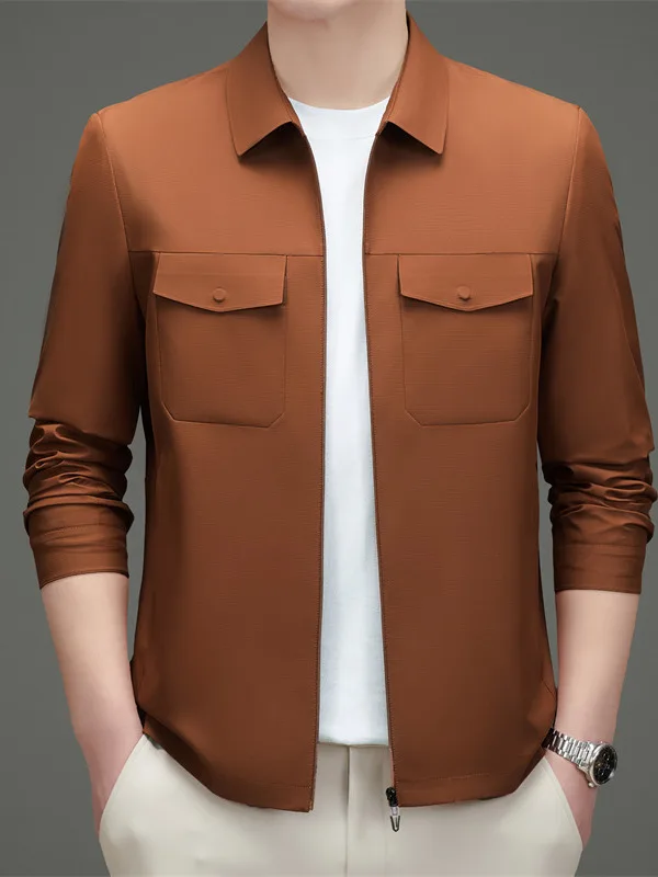 

Мужская повседневная шелковая куртка с воротником, не требующая глажки, весна-осень, деловой стиль, модная верхняя одежда, приталенный крой, длинный рукав