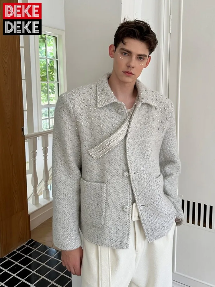Herren Neue Herbst Winter Mode Woolen Jacke Diamanten Hohe Qualität Designer Bankett Kurzen Mantel Lose Fit Casual Oberbekleidung Männlich