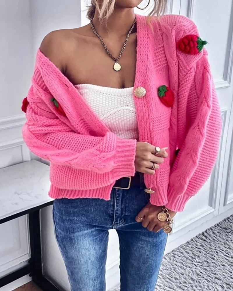 2024 Autumn Winter Women Long Sleeves Knitted Cardigan Harajuku Strawberry Print Loose Fitting Female Cardigan Sweater Outwear