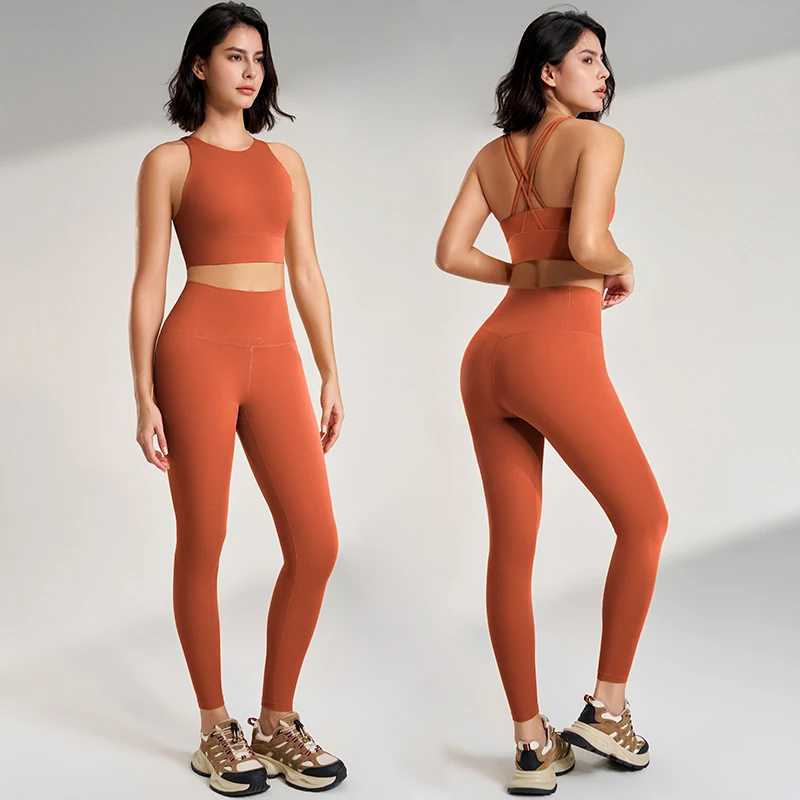 

Naked yoga pants set of European and American yoga clothing high-waisted peach to lift the buttocks fitness suit female bra