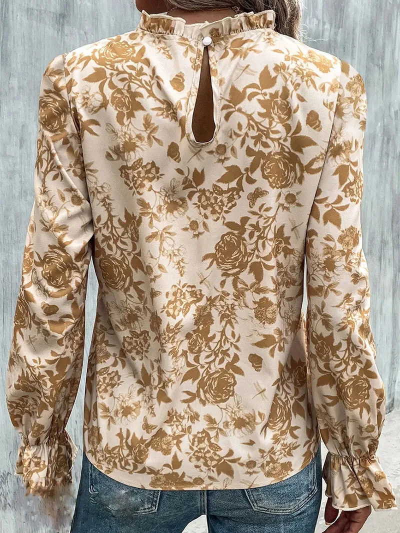 Floral Print Long Sleeve Blouse Elegant Mock Neck Ruffle Trim Back Keyhole Blouse Women\'s Clothing