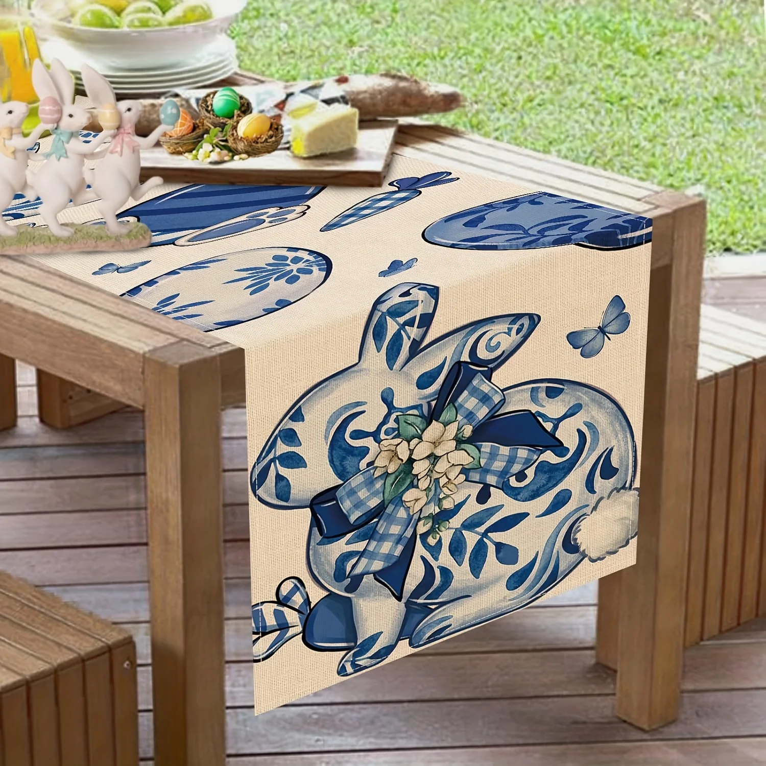 1pc, Easter Egg Bunny Table Runner, Blue and White Porcelain Rabbit Kitchen Dining Table Decoration, Spring Carrot Burlap