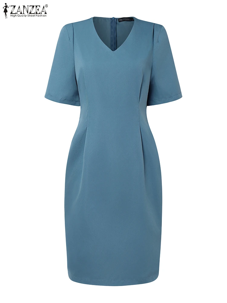 

ZANZEA Short Sleeve Woman Knee-length Dresses Office Work 2025 Summer Fashion Elegant Robes Femme V-Neck Slim-Fit Tight Dress