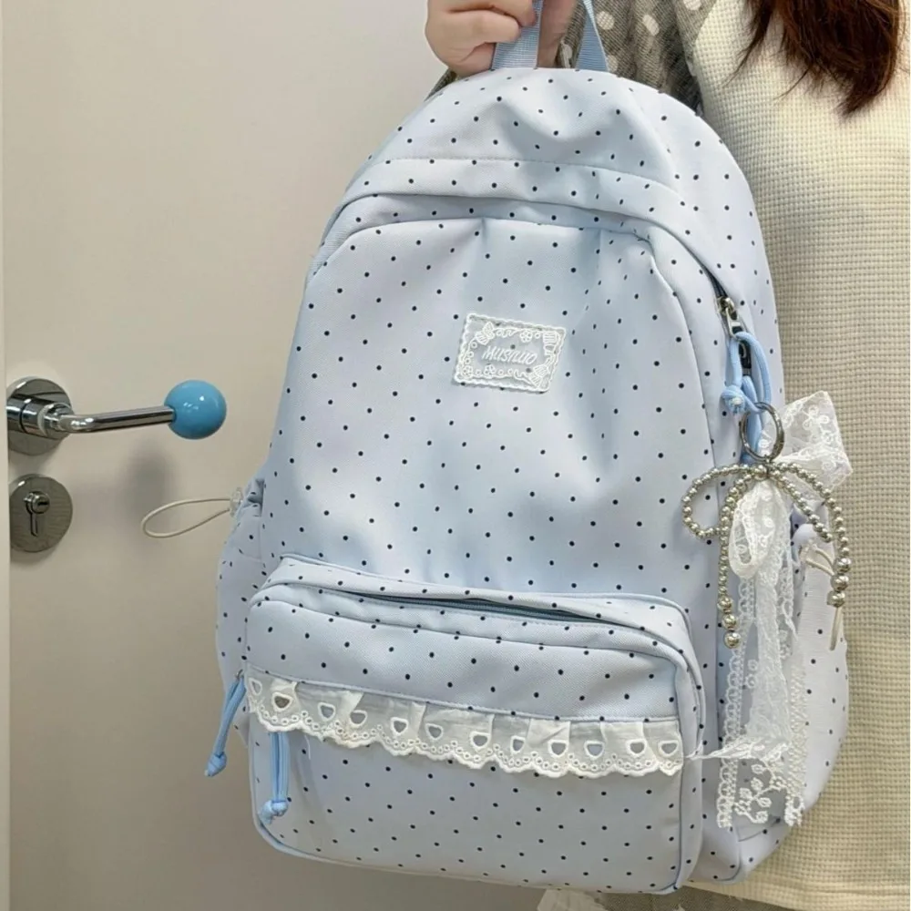 Lightweight nylon fabric student schoolbag, women's backpack, polka dot bow pendant, waterproof travel backpack