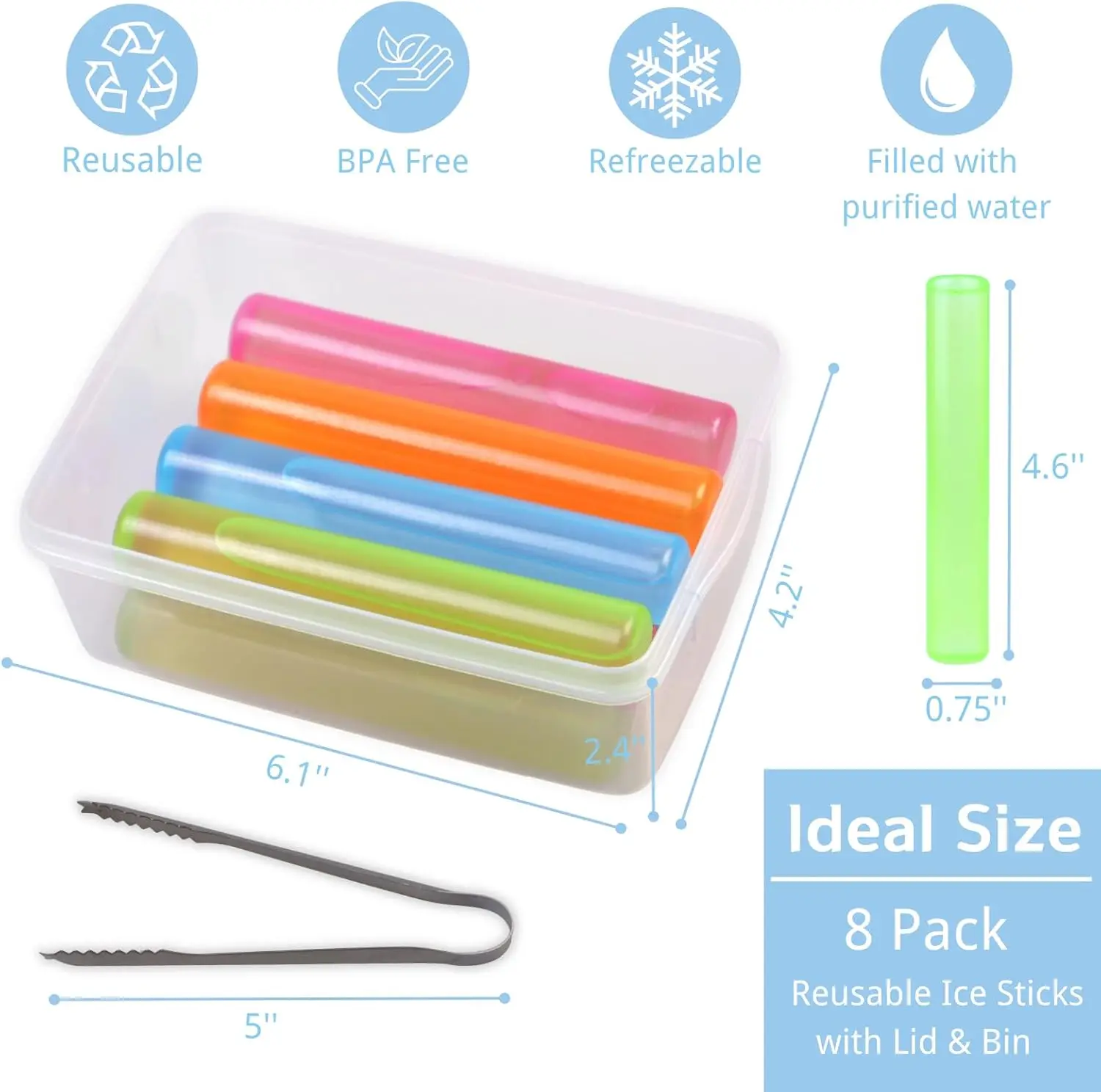 8 Pack Reusable Ice Cubes with Lid & Bin, BPA Free Plastic Ice Sticks for Drinks, Whiskey, Vodka, Coffee - view 3