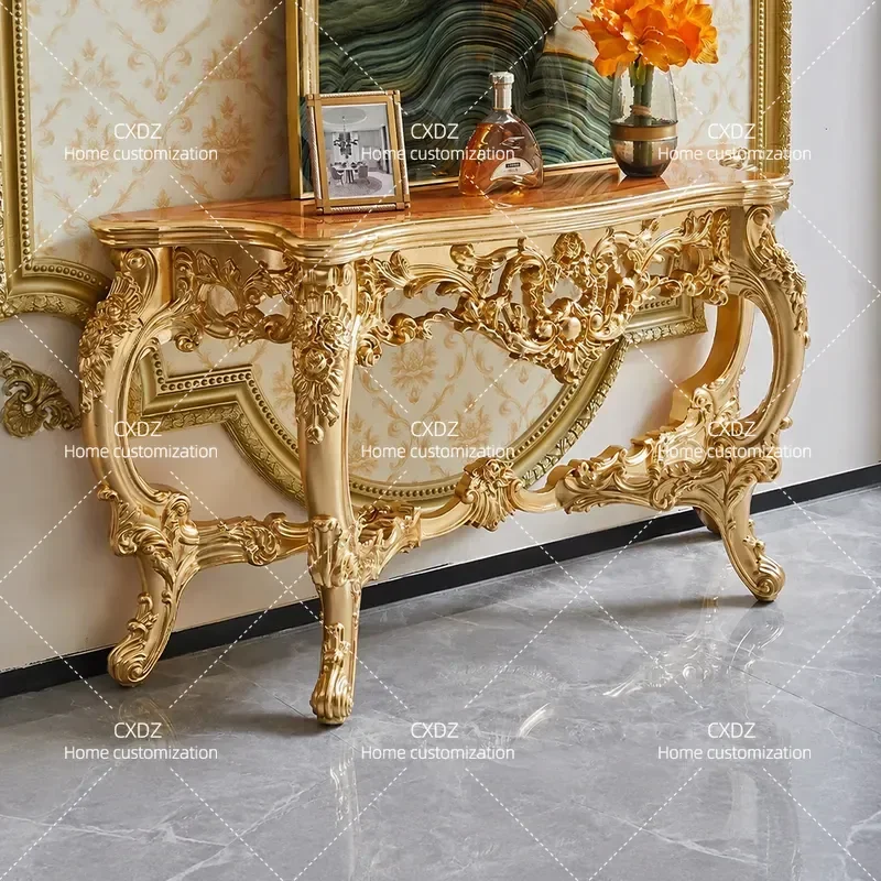 Carved European-style entrance table, luxury living room corridor, retro entrance decoration, case table against the wall,