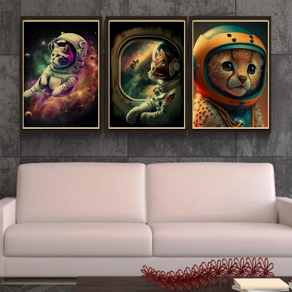 رائد الفضاء القط مضحك المشارك Vintage جدار الرسم البياني يطبع و الملصقات المنزل المعيشة غرفة نوم ديكور الفن بار مقهى فرملس جدار اللوحة