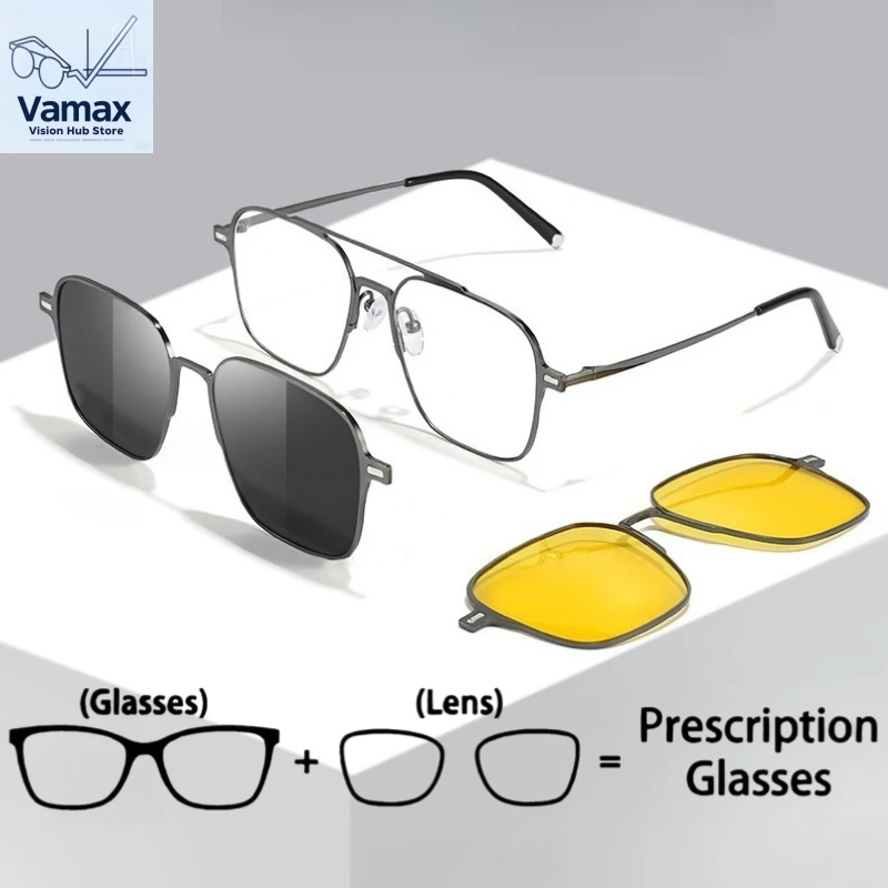

VAMAX 3 in1 Magnetic Glasses Set Prescription Eyewear Polarized Sunglasses Night Vision Simple Metal Eyeglasses for Men