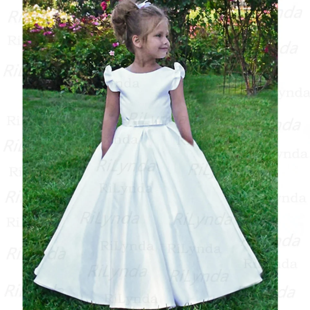 

Elegant Ankle Length Flower Girl Dresses For Weddings V-neck Appliques Sleeveless Princess Communion Gowns With Bows Birthday