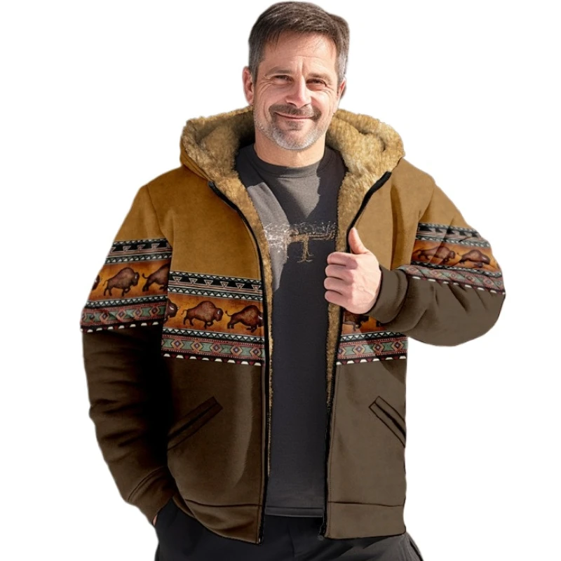 New Cross-Border Vintage Printing Casual Fashion Men's Jacket Thick Fleece Winter Warm Motorcycle Hoodies Zipper Jacket