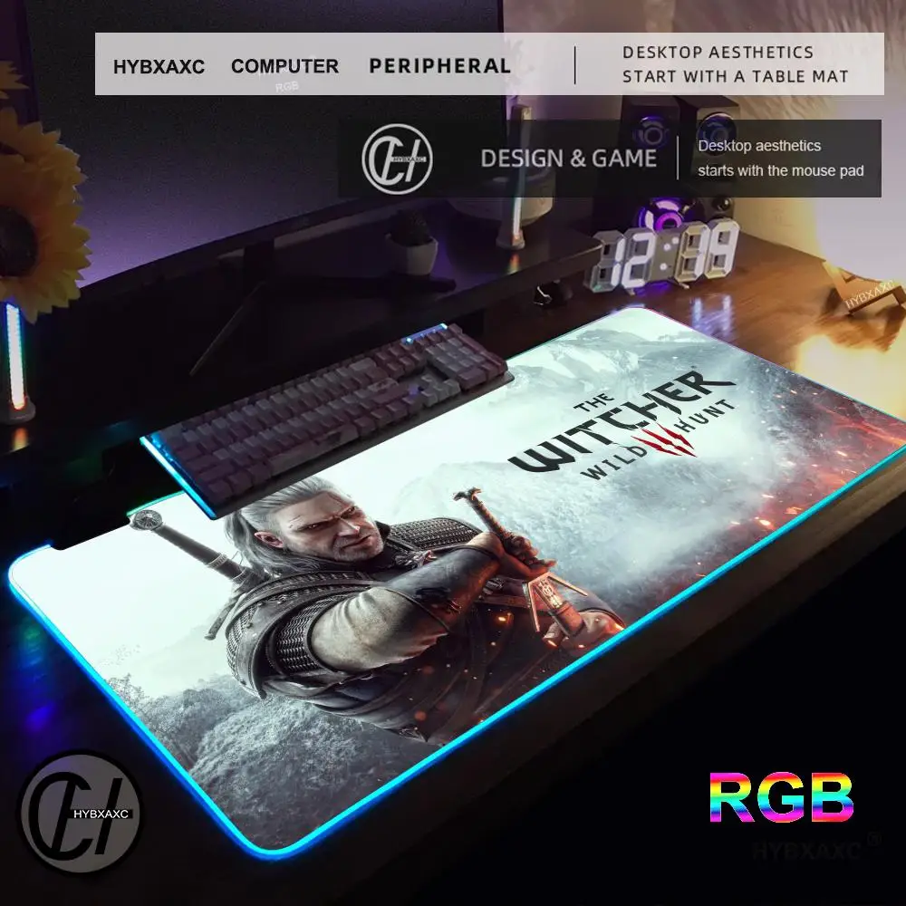 T_the W_witcher 3 لوحة ماوس RGB ملحقات الألعاب ماوس مضيئة حصيرة مكتبية بإضاءة خلفية وسادة LED كبيرة ألعاب مضيئة حصيرة