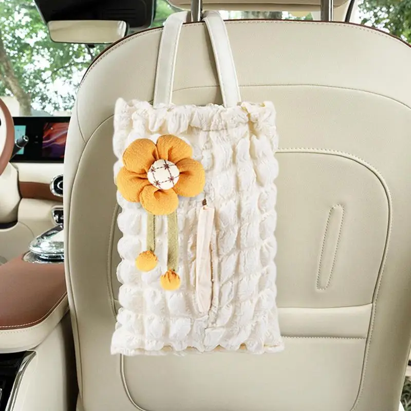 Backseat Tissue Holder Puff Grid Outdoor Camping Napkin Holding Bag With Strap Flower Doll Design Travel Rectangular Organizer