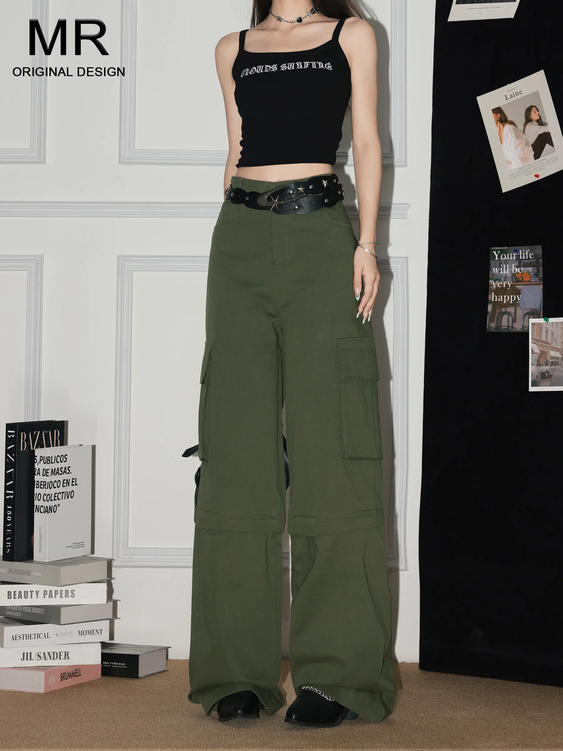 

Женские свободные брюки-карго цвета хаки с высокой талией и широкими штанинами, съемные, повседневные, летние, новый стиль, двустороннее ношение