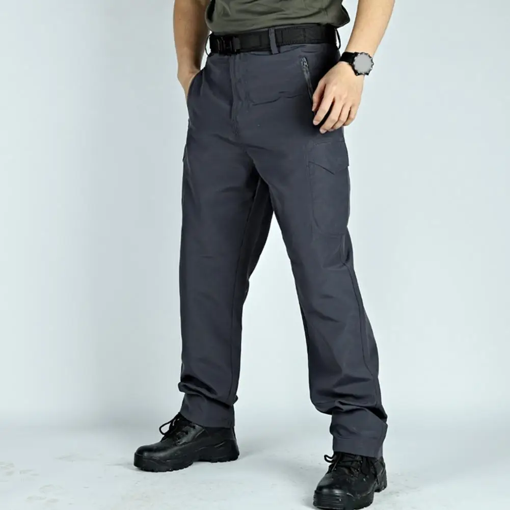 Men Cargo Pants Mid-rise Button Zipper Fly Outdoor Casual Pants Pockets Wide Leg Quick Drying Sport Long Trousers