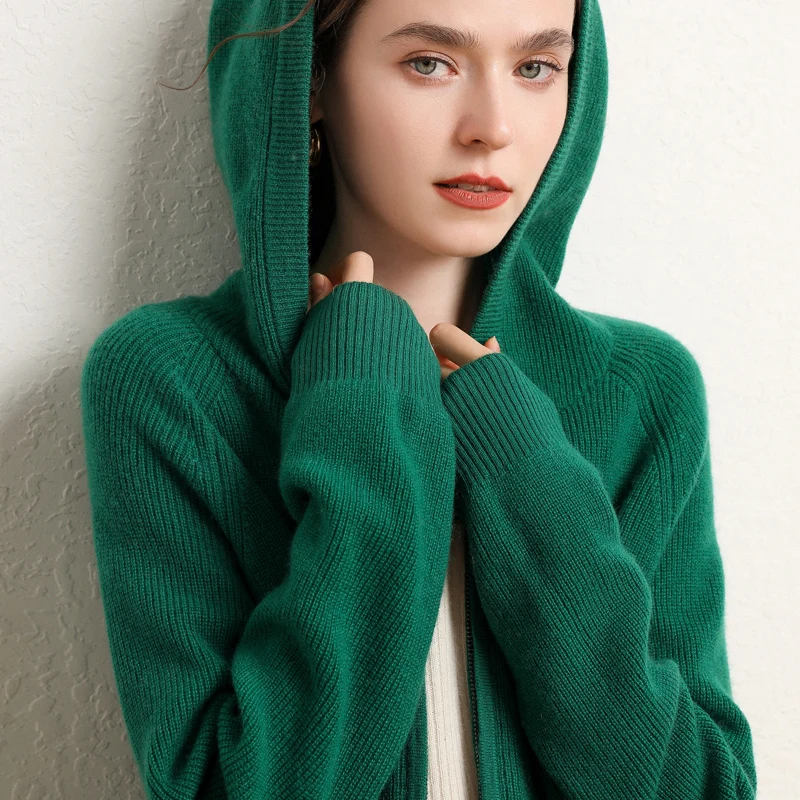 2022 Spring Autumn New Women\'s 100% Cashmere Cardigan Fashion Colors Female Knitted Hooded Cardigans Loose Soft Knit Classic