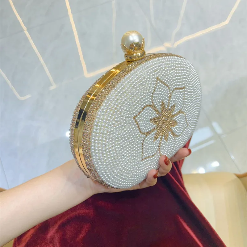 

2025 Luxury High-end Handmade Pearl Diamonds Flower Evening Clutch Bag Fashion Rhinestone Wedding Banquet Handbags Shoulder Bag