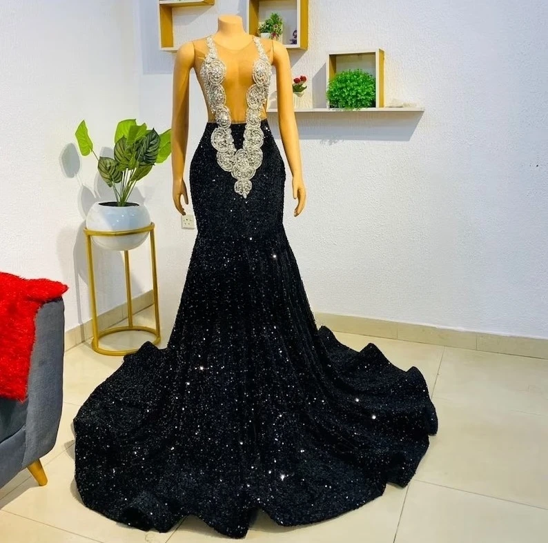 Vestidos longos de baile preto faísca pura feminino, vestidos de festa de gala, lantejoulas de luxo diamante sereia