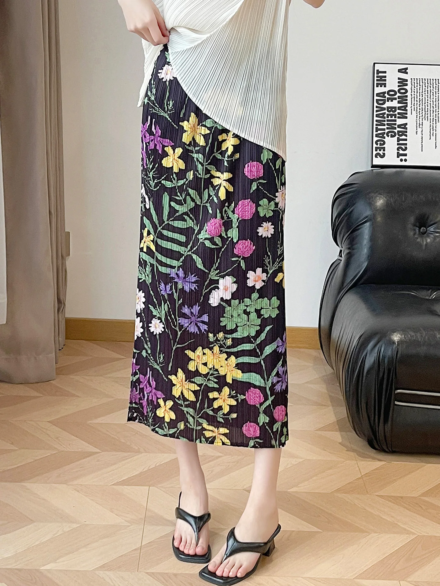 

Summer New Women's Printed Half Skirt High Waist Straight Cut Slimming Pleated Casual Breathable Polyester Fiber Long Skirt