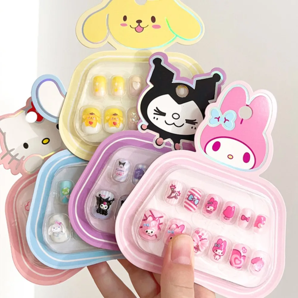 12 pçs dos desenhos animados sanrio mymelody crianças unhas falsas bonito olá kitty kuromi cinnamoroll imprensa em unhas diy kawaii meninas unhas falsas @%