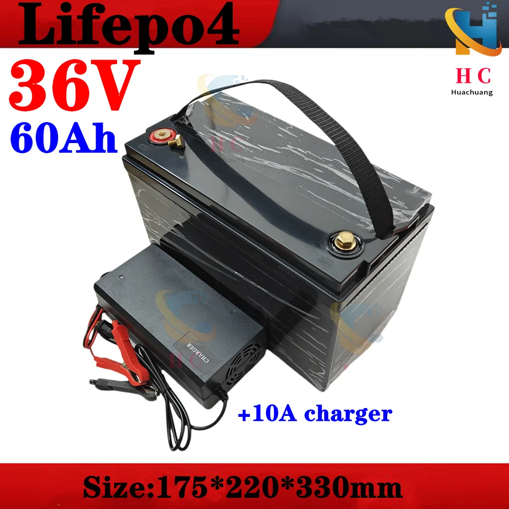 waterproof 36V 60AH Lifepo4 battery with BMS for 3000w 1500W scooter bike Tricycle Solar backup power golf cart +10A charger