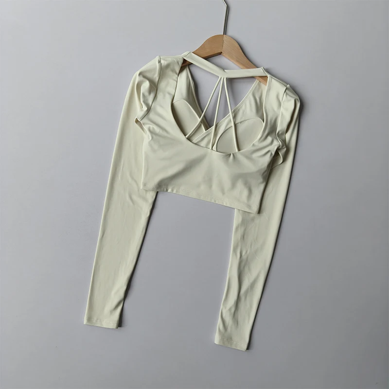 الصالة الرياضية مصممة الخامس الرقبة طويلة الأكمام كروس تي شيرت رياضي للنساء قصيرة المحاصيل الأعلى سليم عارية الذراعين بيلاتيس ملابس لليوجا للنساء