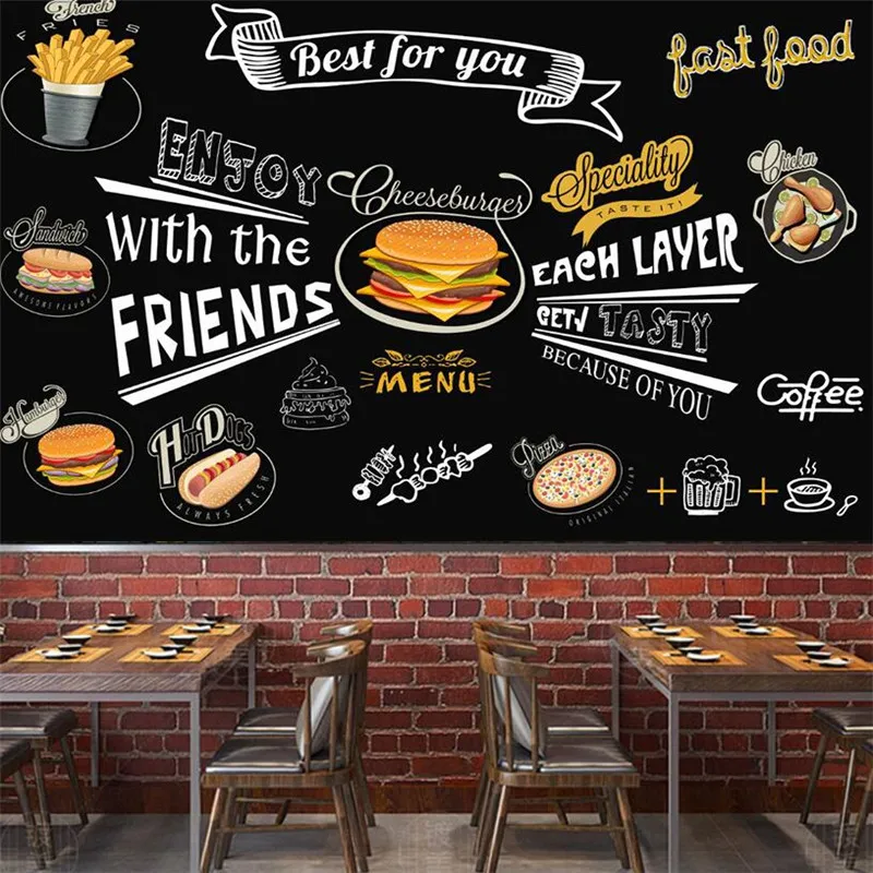 

Custom 3D hand-painted blackboard fast food background wallpapers Hamburg coffee Western restaurant decoration mural wallpaper