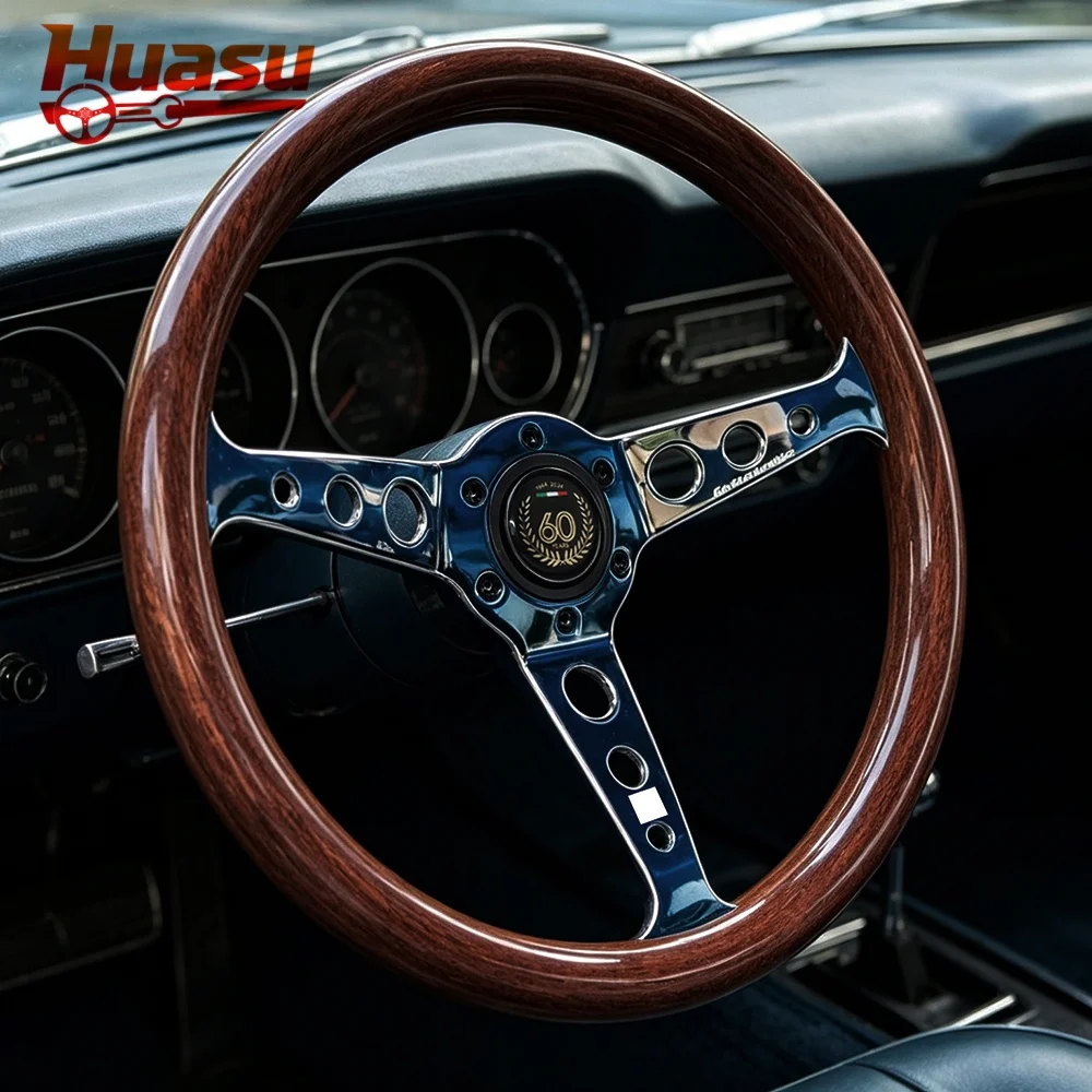 

Polish Classic Wood Grain Car Sports Steering Wheel 14inch 350mm Flat Aluminum Spoke Round Hole Universal