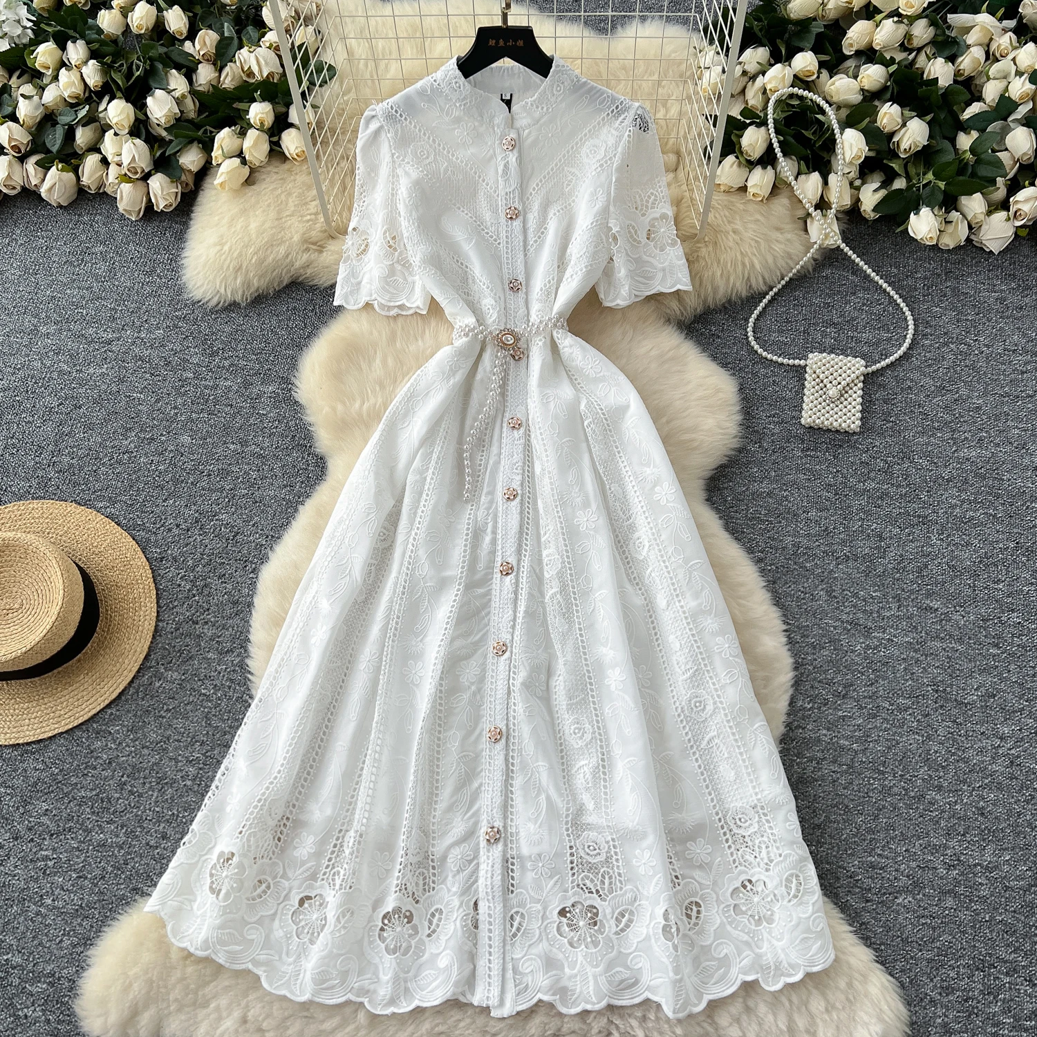 

French chic hollow out chain button fairycore dress women's summer waist A-line ceremony dresses women clothing