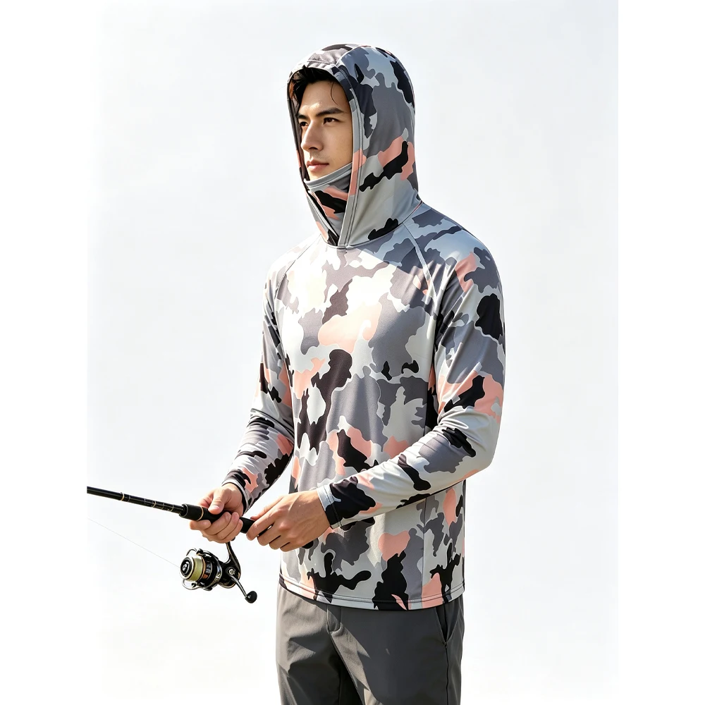 Men's  Fishing Hooded Shirt Built-in Face Cover, Quick Dry Breathable Long Sleeve Sun Protection Top