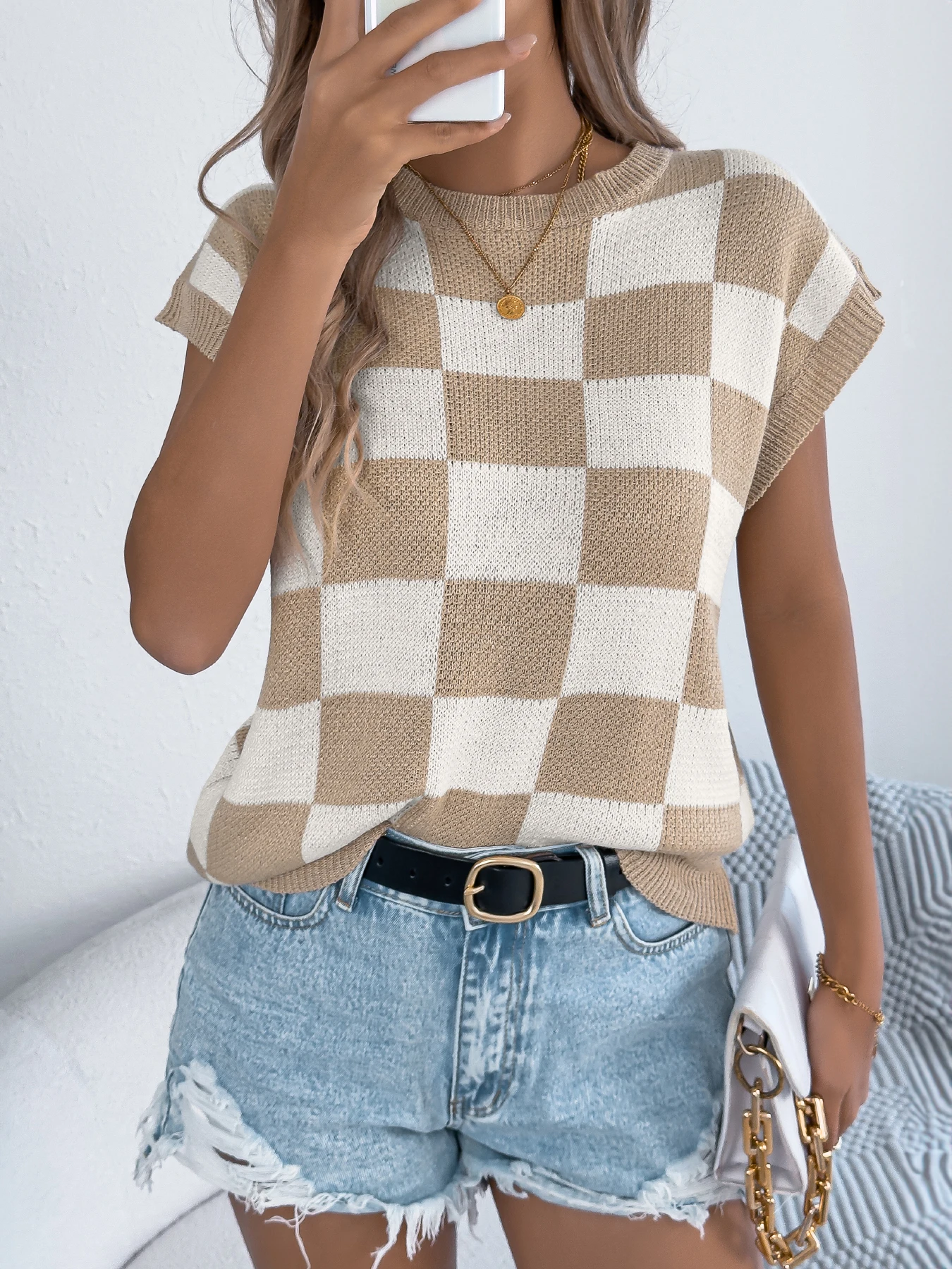 Women's Batwing Sleeve Plaid Pullover Knit Top Color Block Round Neck Beach Cover Up Lightweight Summer Vacation